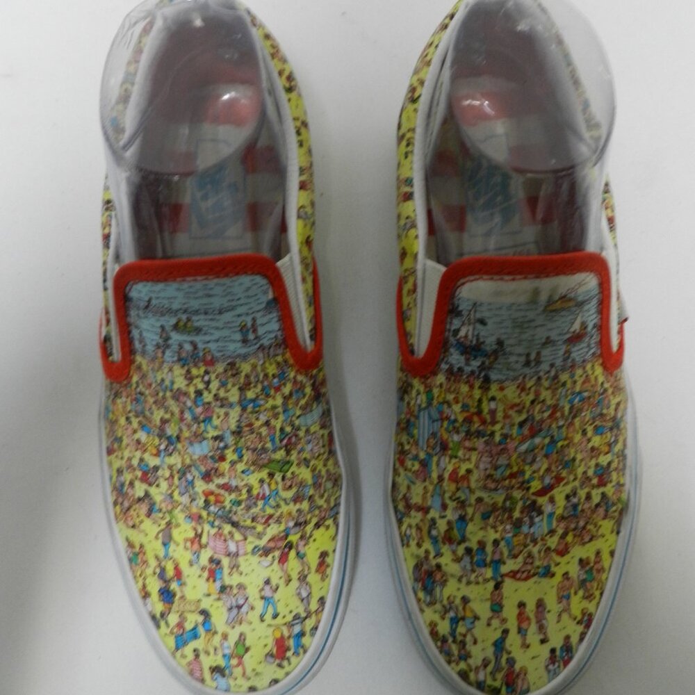 Vans Slip-On Sneakers Yellow Beach Crowd Print with Red Trim - Picture 5 of 11
